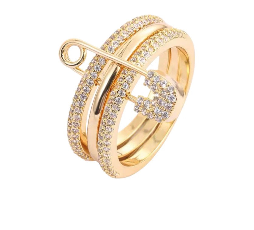 Elegant Safety Pin Stacked Ring with Zircon Detailing